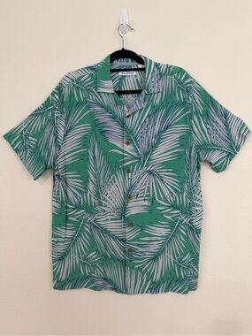 Caribbean Green Palm-Print Short-Sleeve Button-Down Shirt 100% Rayon sz L. T009